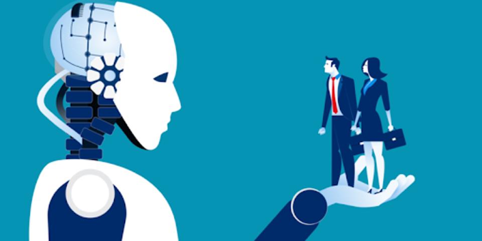 Artificial Intelligence (AI) Robot Holding a Man and a Woman - AI Regulation Graphic