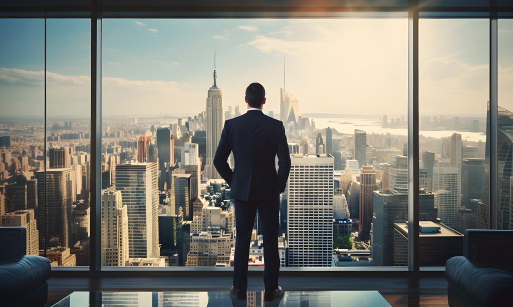 CEO looking out of a window from their office in the city